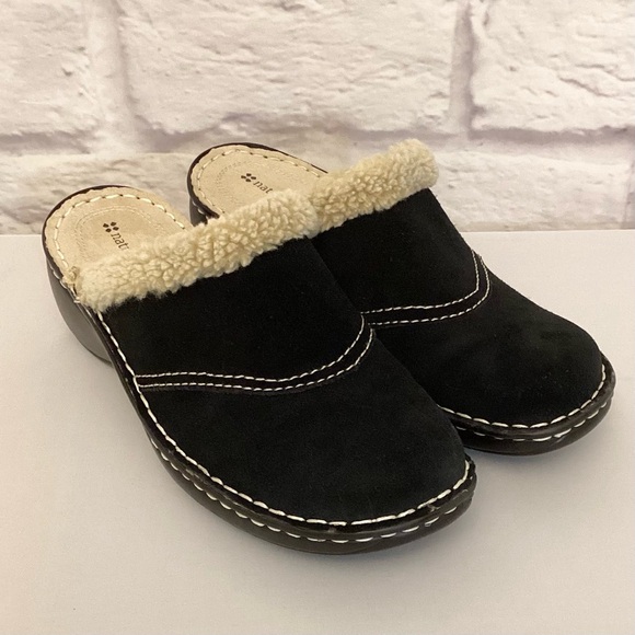 Naturalizer 9 Strayman Suede Leather Women's Clogs Shearling Faux Fur Black - Picture 2 of 11